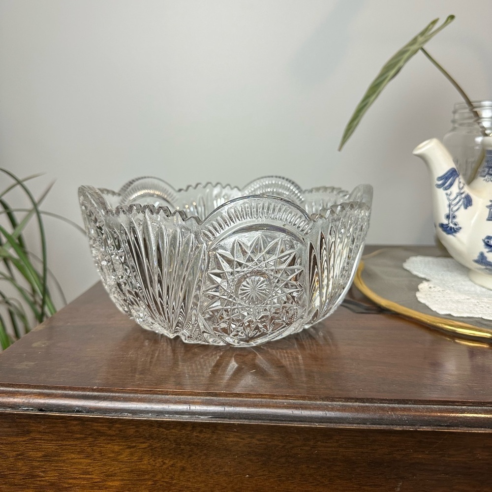 EAPG Hobstar Fan Cut Crystal Pedestal Bowl